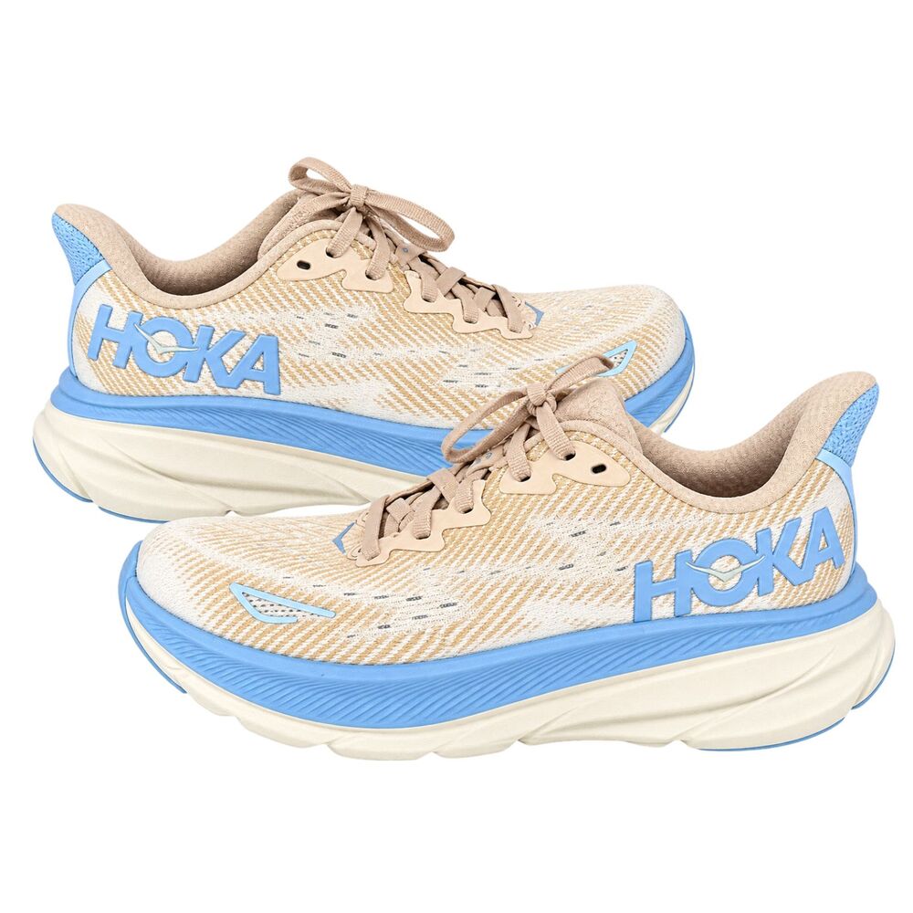 HOKA Clifton 9 Women’s Running Shoes Beige Blue Cushioned Athletic Sneakers